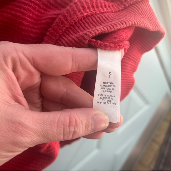 Aerie Ribbed Drawstring Cotton Hoodie Hooded Sweatshirt Red Oversized Chunky S - Picture 9 of 9